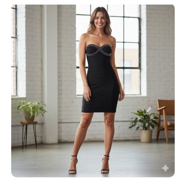 GRASS COLLECTION BLACK BANDAGE BODYCON STUDDED STRAPLESS  MINI DRESS SZ 9 - Picture 1 of 12